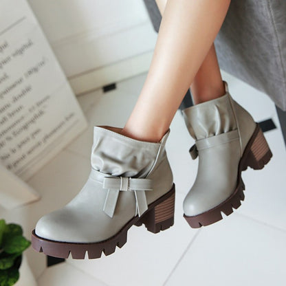 Pu Leather Round Toe Bow Tie Block Chunky Heel Platform Short Boots for Women