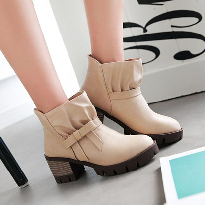 Pu Leather Round Toe Bow Tie Block Chunky Heel Platform Short Boots for Women