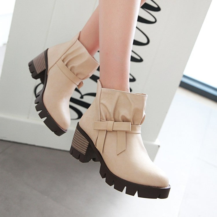 Pu Leather Round Toe Bow Tie Block Chunky Heel Platform Short Boots for Women