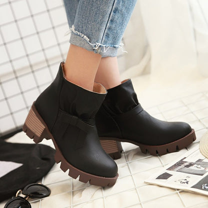 Pu Leather Round Toe Bow Tie Block Chunky Heel Platform Short Boots for Women