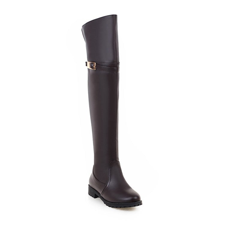 Ladies Pu Leather Belts Buckles Side Zippers Low Heel Knee High Boots