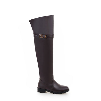 Ladies Pu Leather Belts Buckles Side Zippers Low Heel Knee High Boots