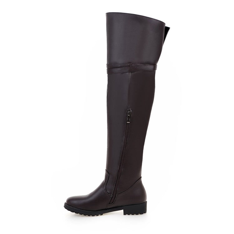 Ladies Pu Leather Belts Buckles Side Zippers Low Heel Knee High Boots