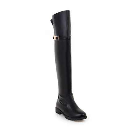 Ladies Pu Leather Belts Buckles Side Zippers Low Heel Knee High Boots