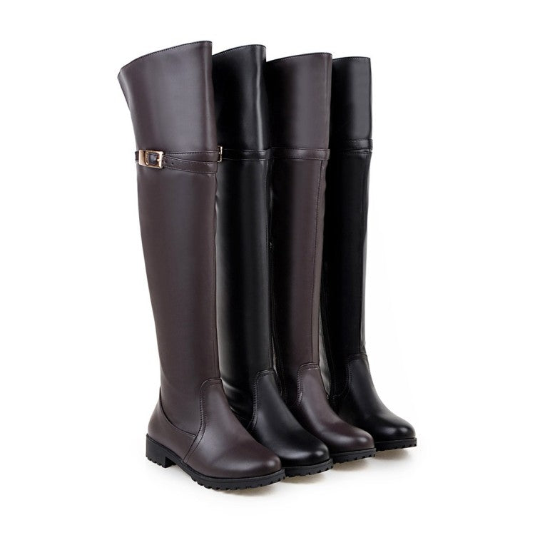 Ladies Pu Leather Belts Buckles Side Zippers Low Heel Knee High Boots