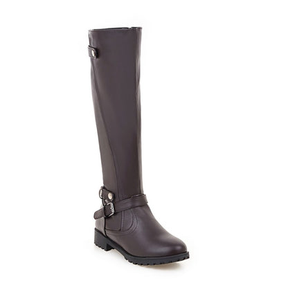 Ladies Pu Leather Round Toe Side Zippers Low Heel Knee High Boots