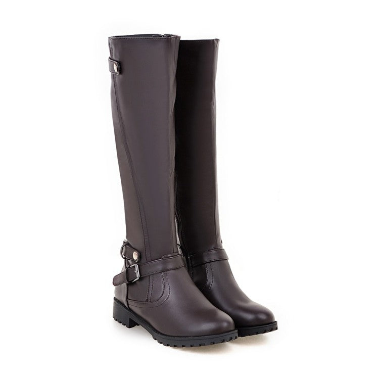 Ladies Pu Leather Round Toe Side Zippers Low Heel Knee High Boots