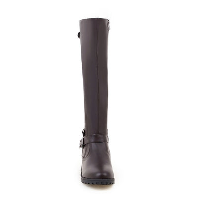 Ladies Pu Leather Round Toe Side Zippers Low Heel Knee High Boots