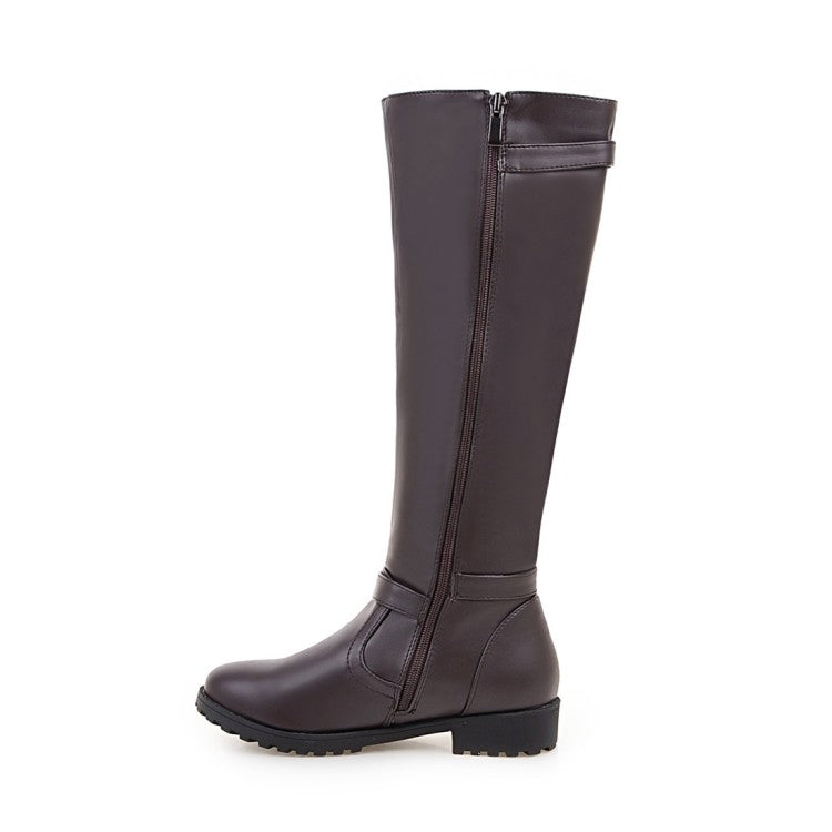 Ladies Pu Leather Round Toe Side Zippers Low Heel Knee High Boots