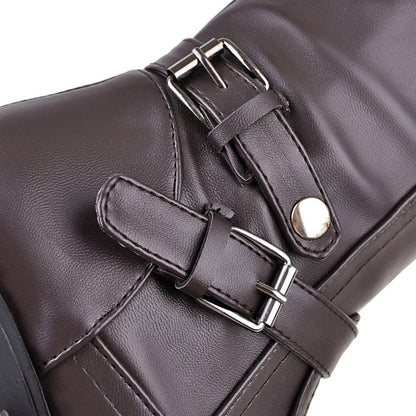 Ladies Pu Leather Round Toe Side Zippers Low Heel Knee High Boots