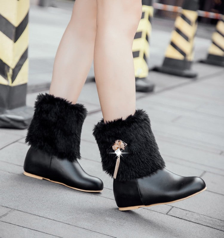 Pu Leather Round Toe Furry Rhinestone Tassel Inside Heighten Ankle Boots for Women