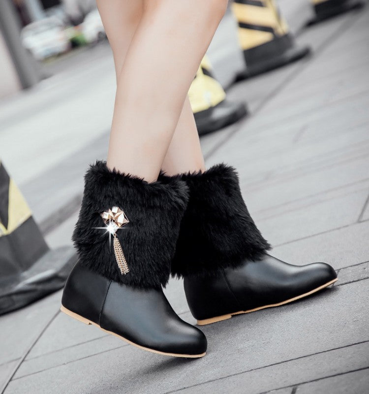 Pu Leather Round Toe Furry Rhinestone Tassel Inside Heighten Ankle Boots for Women