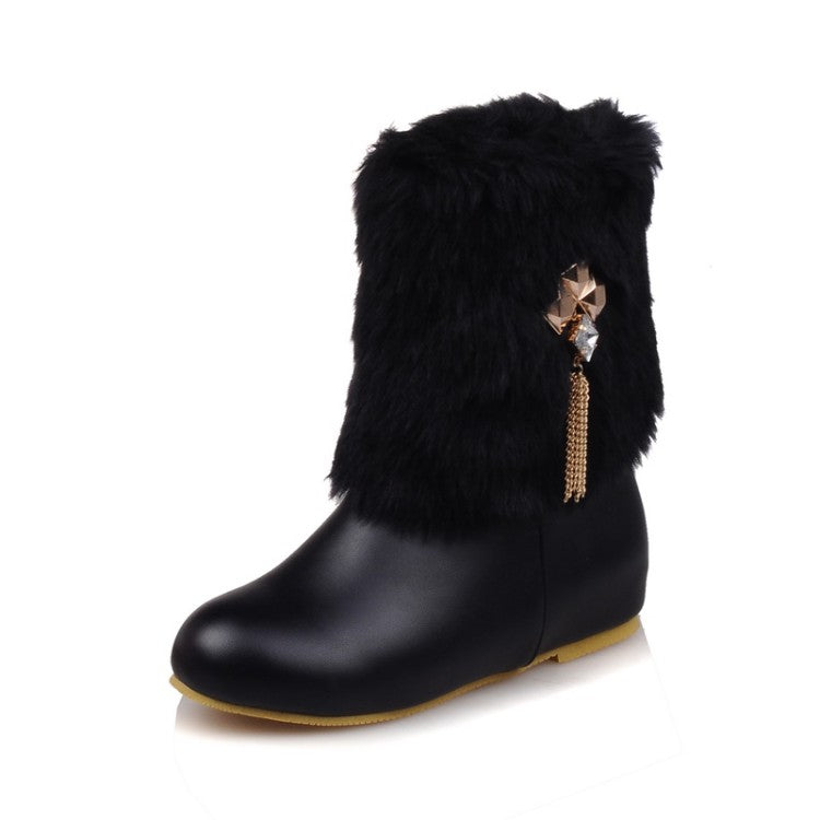 Pu Leather Round Toe Furry Rhinestone Tassel Inside Heighten Ankle Boots for Women