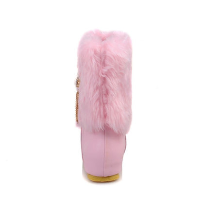 Pu Leather Round Toe Furry Rhinestone Tassel Inside Heighten Ankle Boots for Women