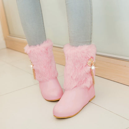 Pu Leather Round Toe Furry Rhinestone Tassel Inside Heighten Ankle Boots for Women