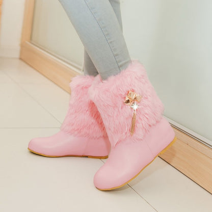 Pu Leather Round Toe Furry Rhinestone Tassel Inside Heighten Ankle Boots for Women