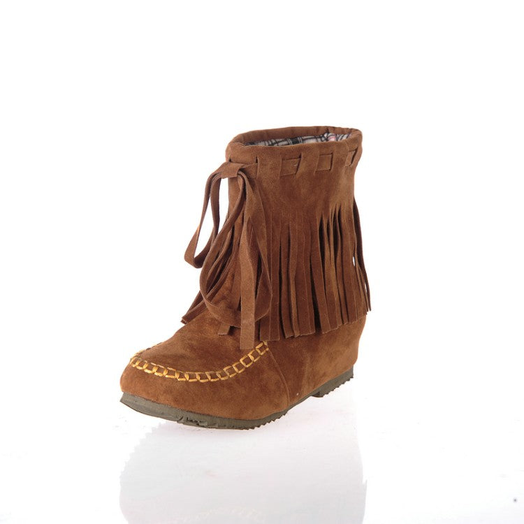 Ladies Suede Stitching Tassel Inside Heighten Flat Short Boots