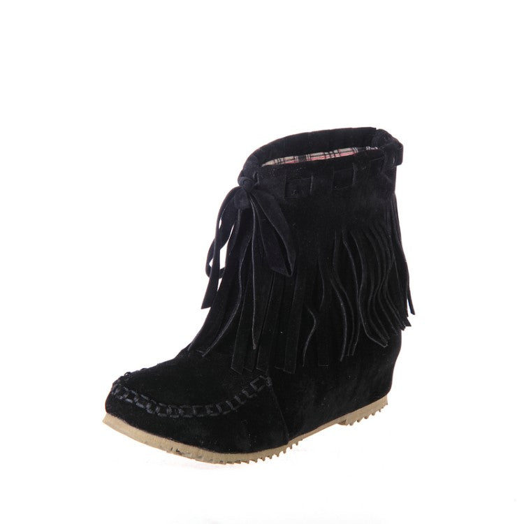 Ladies Suede Stitching Tassel Inside Heighten Flat Short Boots