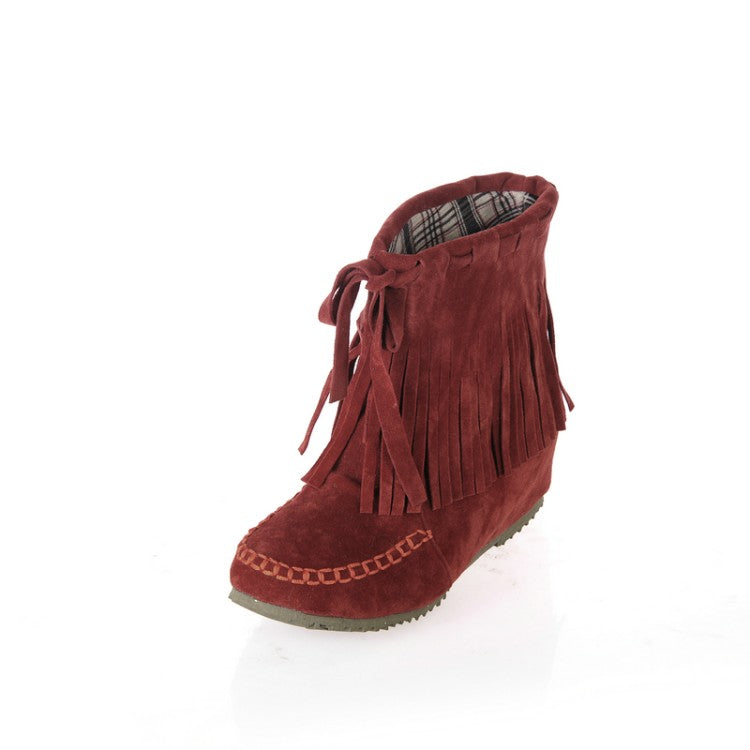 Ladies Suede Stitching Tassel Inside Heighten Flat Short Boots