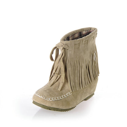 Ladies Suede Stitching Tassel Inside Heighten Flat Short Boots