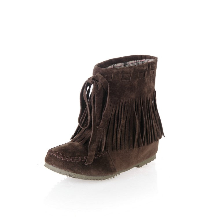 Ladies Suede Stitching Tassel Inside Heighten Flat Short Boots