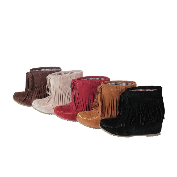 Ladies Suede Stitching Tassel Inside Heighten Flat Short Boots