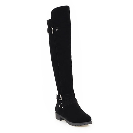 Ladies Frosted Belts Buckles Round Toe Side Zippers Knee High Boots