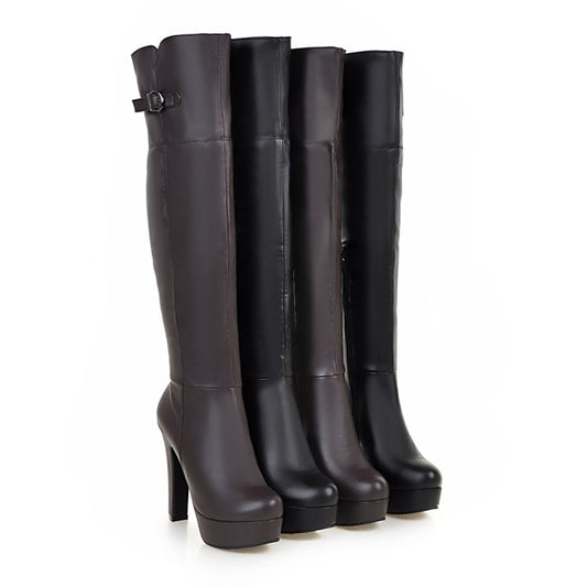 Ladies Pu Leather Belts Buckles Chunky Heel Platform Over the Knee Boots