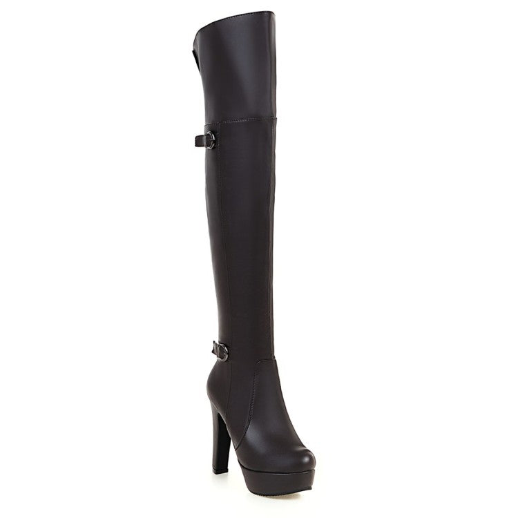 Ladies Pu Leather Side Zippers Platform Chunky Heel Over the Knee Boots