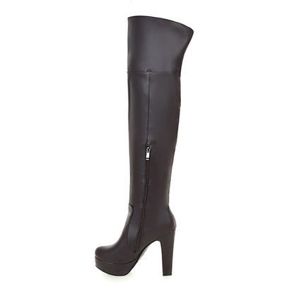 Ladies Pu Leather Side Zippers Platform Chunky Heel Over the Knee Boots