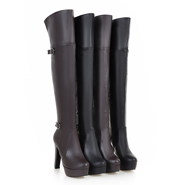 Ladies Pu Leather Side Zippers Platform Chunky Heel Over the Knee Boots