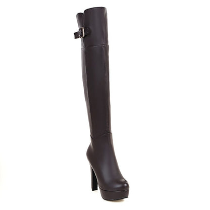 Ladies Pu Leather Belts Buckles Side Zippers Chunky Heel Platform Over the Knee Boots