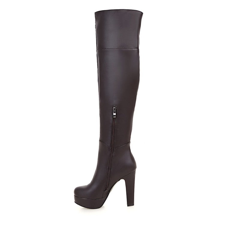 Ladies Pu Leather Belts Buckles Side Zippers Chunky Heel Platform Over the Knee Boots