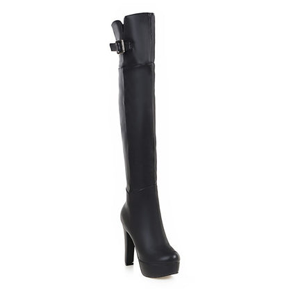 Ladies Pu Leather Belts Buckles Side Zippers Chunky Heel Platform Over the Knee Boots