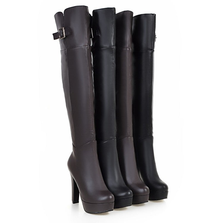 Ladies Pu Leather Belts Buckles Side Zippers Chunky Heel Platform Over the Knee Boots