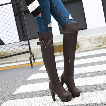 Ladies Pu Leather Belts Buckles Side Zippers Chunky Heel Platform Over the Knee Boots