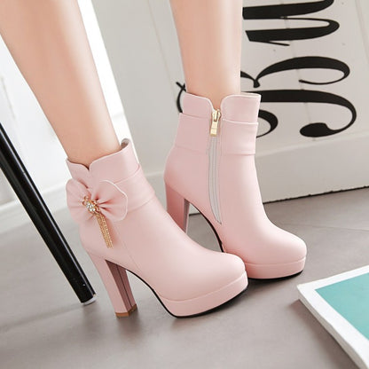 Ladies Round Toe Rhinestone Tassel Chunky Heel Platform Ankle Boots