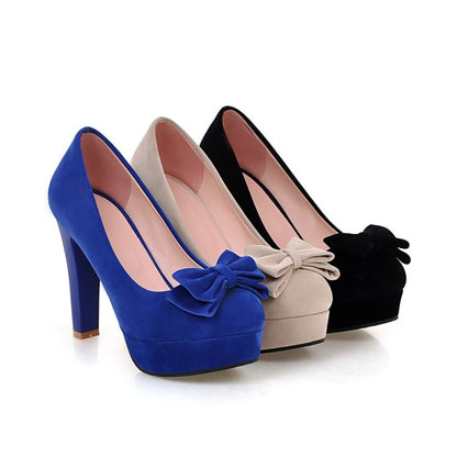 Ladies Suede Almond Toe Butterfly Knot Chunky Heels High Heel Platform Pumps