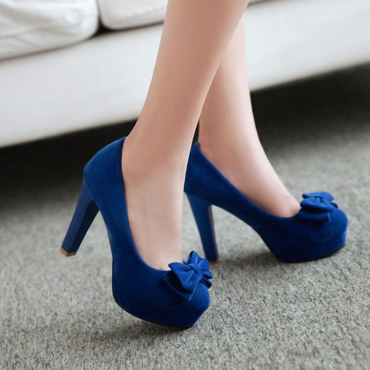 Ladies Suede Almond Toe Butterfly Knot Chunky Heels High Heel Platform Pumps