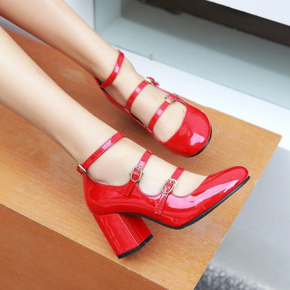 Ladies Pumps Glossy Retro Mary Janes Buckles Belts Block Heel Chunky Heels Shoes