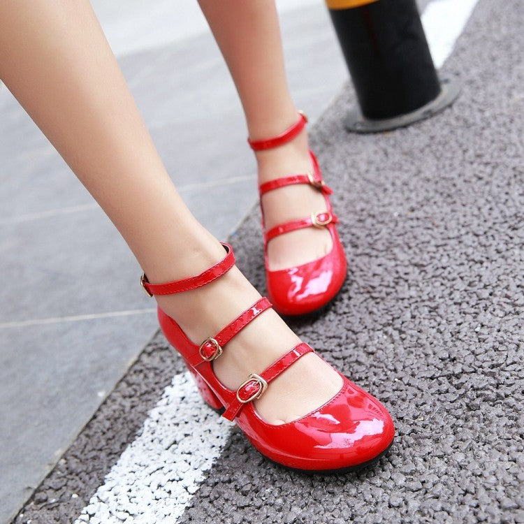 Ladies Pumps Glossy Retro Mary Janes Buckles Belts Block Heel Chunky Heels Shoes