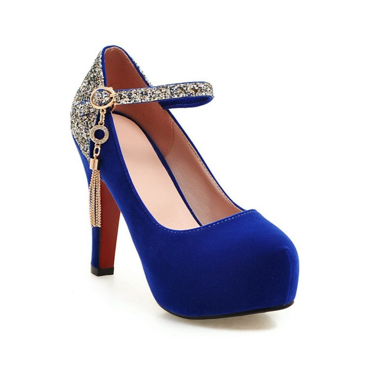 Ladies Suede Almond Toe Sequins Ankle Strap Chunky Heels High Heel Platform Pumps