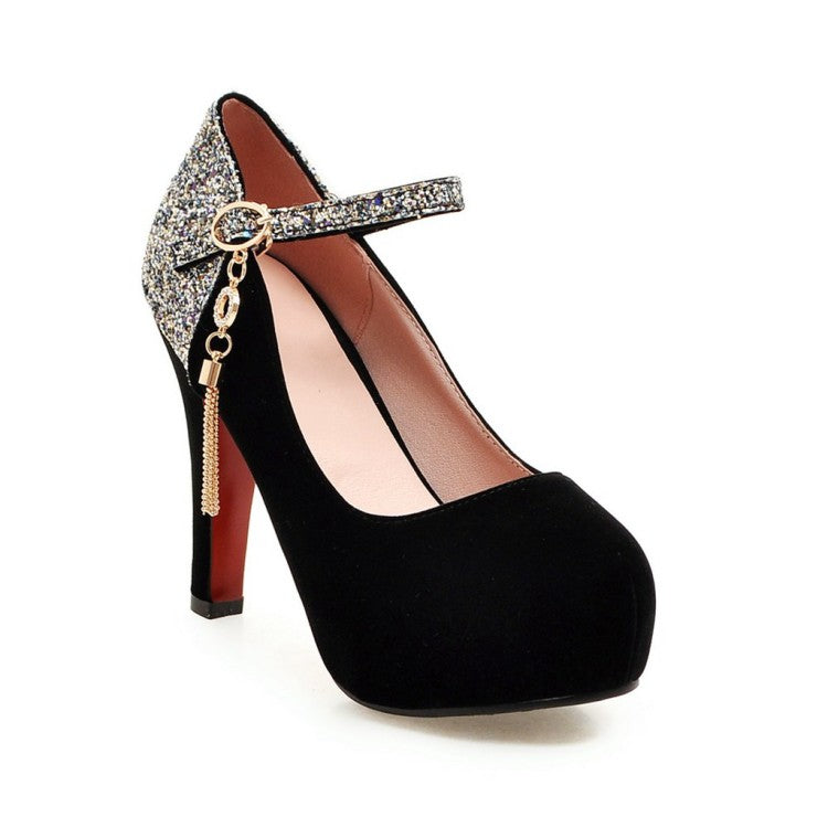 Ladies Suede Almond Toe Sequins Ankle Strap Chunky Heels High Heel Platform Pumps