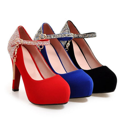 Ladies Suede Almond Toe Sequins Ankle Strap Chunky Heels High Heel Platform Pumps