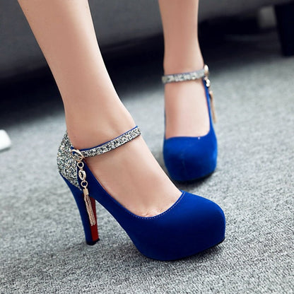 Ladies Suede Almond Toe Sequins Ankle Strap Chunky Heels High Heel Platform Pumps