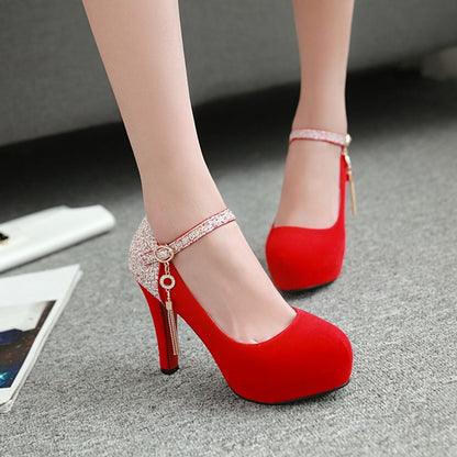 Ladies Suede Almond Toe Sequins Ankle Strap Chunky Heels High Heel Platform Pumps