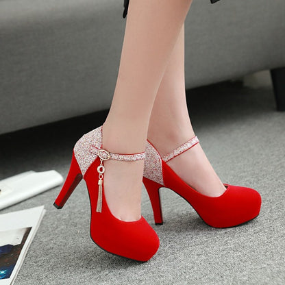 Ladies Suede Almond Toe Sequins Ankle Strap Chunky Heels High Heel Platform Pumps