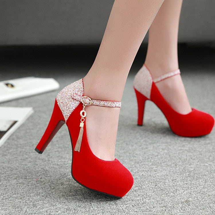 Ladies Suede Almond Toe Sequins Ankle Strap Chunky Heels High Heel Platform Pumps