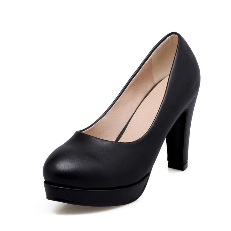 Ladies Pu Leather Round Toe Chunky Heel Platform Pumps