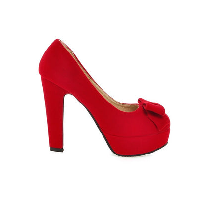 Ladies Suede Round Toe Butterfly Knot Chunky Heel Platform Pumps